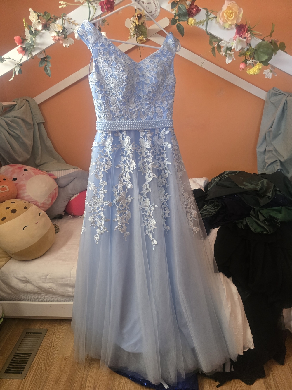 Light Blue Floral Lace A-Line Evening Gown